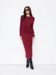Round Neckline Ruched Long Sleeve Maxi Bobycon Dress