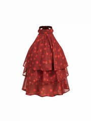 Chiffon Cherry Graphic Halter Neckline Ruffled Tie Back Blouse