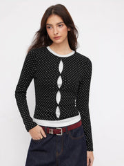 Cotton-blend Polka Dot Two Tone Cut Out Top
