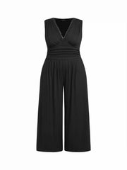 V-neck Lace Trim Ruched Wide Leg Jumpsuit Curve & Plus