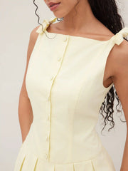 Cotton-blend Bowknot Pleated Backless Mini Dress