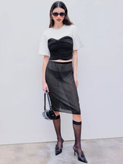 Round Neck Two Tone Ruched Crop Short Sleeve Top