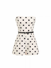 Satin Polka Dot Bandeau Mid Rise Romper With Belt