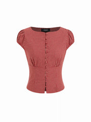 Red Gingham Square Neck Puff Sleeve Blouse