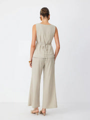 Textured Square Neck Mid Rise Button Wide Leg Jumpsuit