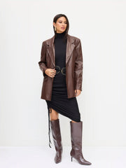 Faux Leather Notched Collar Oversized Blazer
