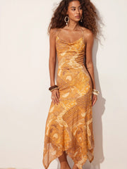Lace Halter Neckline Paisley Asymmetrical Hem Flared Maxi Dress