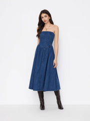 Denim Ruched Ruffle Hem Bandeau Maxi Dress