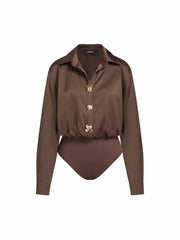 Satin Metal Button Oversized Shirt Bodysuit