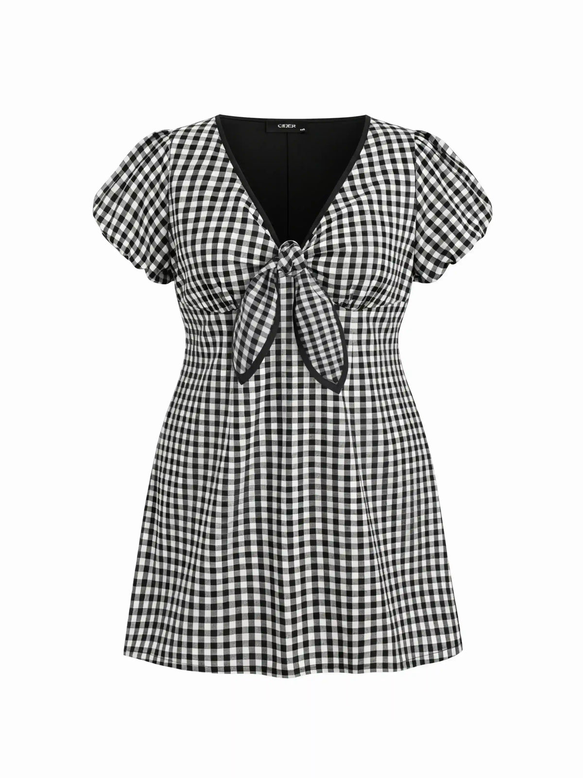 Cotton-blend V-neck Puff Sleeve Twist Knotted Gingham A-line Mini Dress Curve & Plus