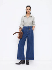 Stretch Denim Mid Rise Button Wide Leg Jeans