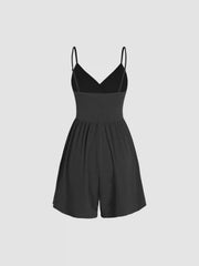 Solid V Neck Wide Leg Romper
