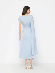 Satin Boat Neck Pleated Asymmetrical Sleeve Maxi Dress