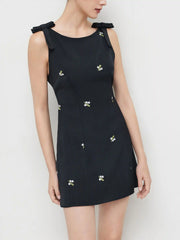 Boat Neck Floral Embroidery Bowknot Mini Dress