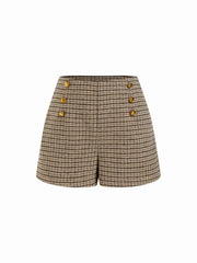 Wool-Look Mid Rise Houndstooth Metal Detail Shorts
