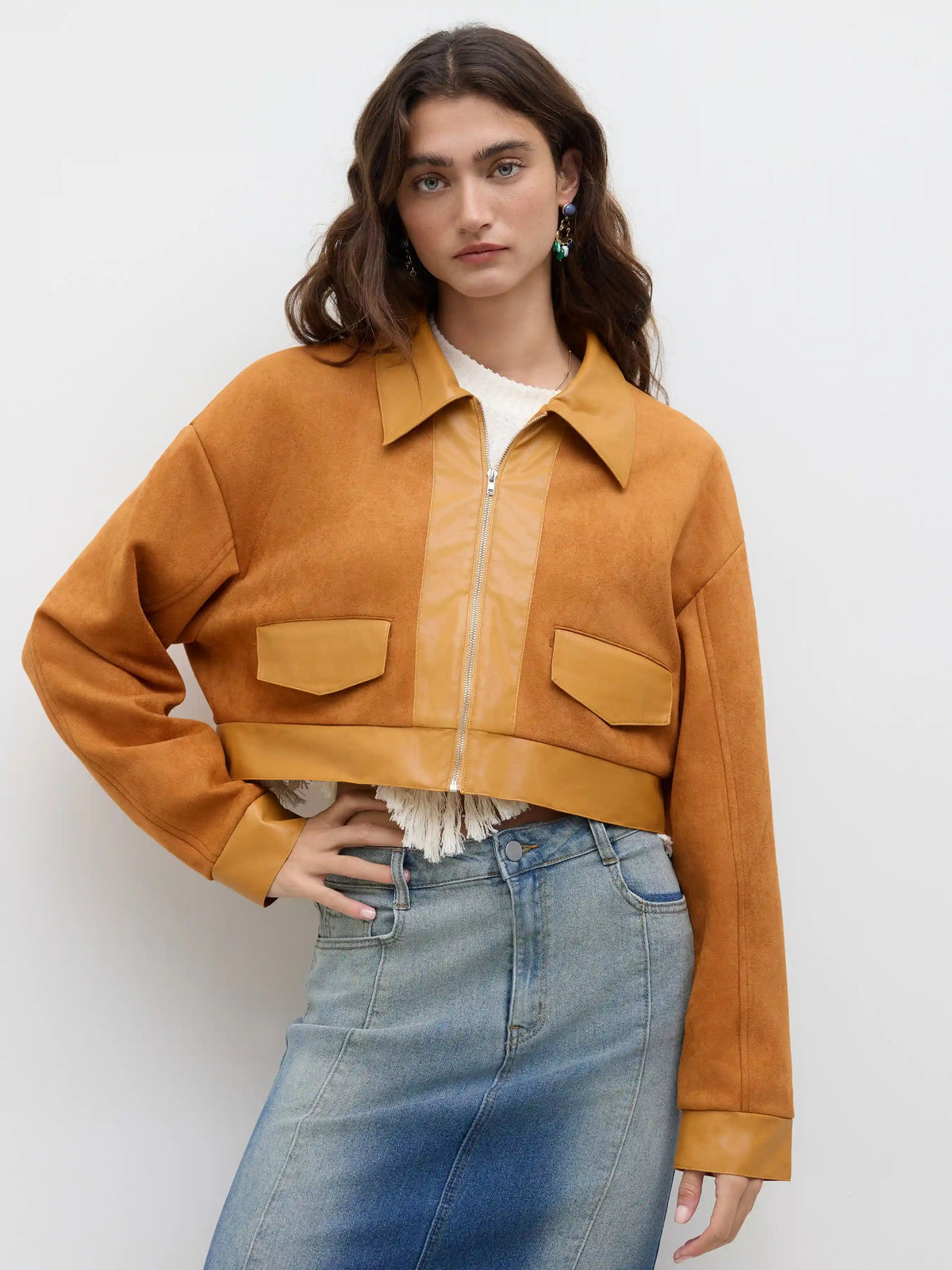 Suede Collar Zip Through Crop Jacket