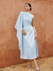 Satin Stand Collar Asymmetrical Draped Mermaid Maxi Dress