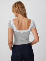 Cotton-blend Boat Neck Lace Lettuce Trim Short Sleeve Top