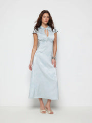 Jacquard Floral Sweetheart Puff Sleeve Cut Out A-line Maxi Dress