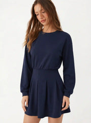 Round Neckline Pleated Long Sleeve Mini Dress