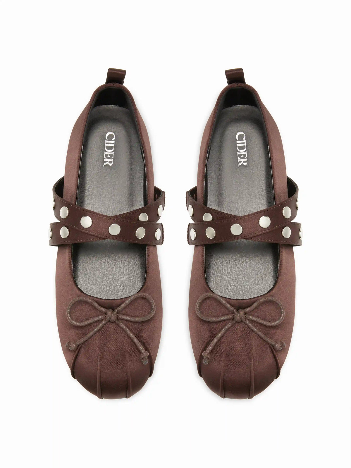 ROUND TOE SATIN STUDDED MARY JANE FLATS