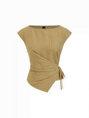 Textured Boat Neck Asymmetrical Hem Knotted Wrap Blouse