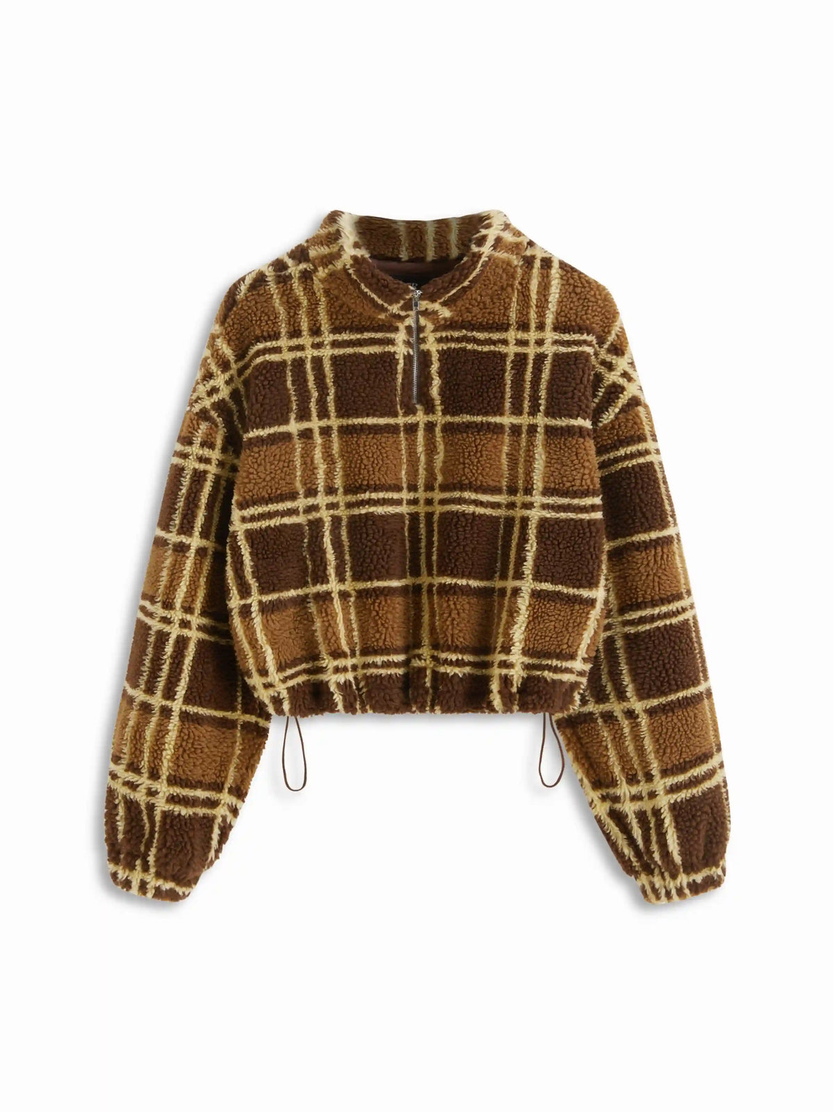 Fleece High Neck Drawstring & Plaid Oversized Sweatshirt
