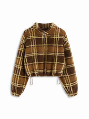 Fleece High Neck Drawstring & Plaid Oversized Sweatshirt