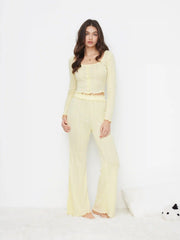 Square Neck Pointelle Lettuce Trim Top & High Rise Bowknot Flared Trousers Loungewear Set