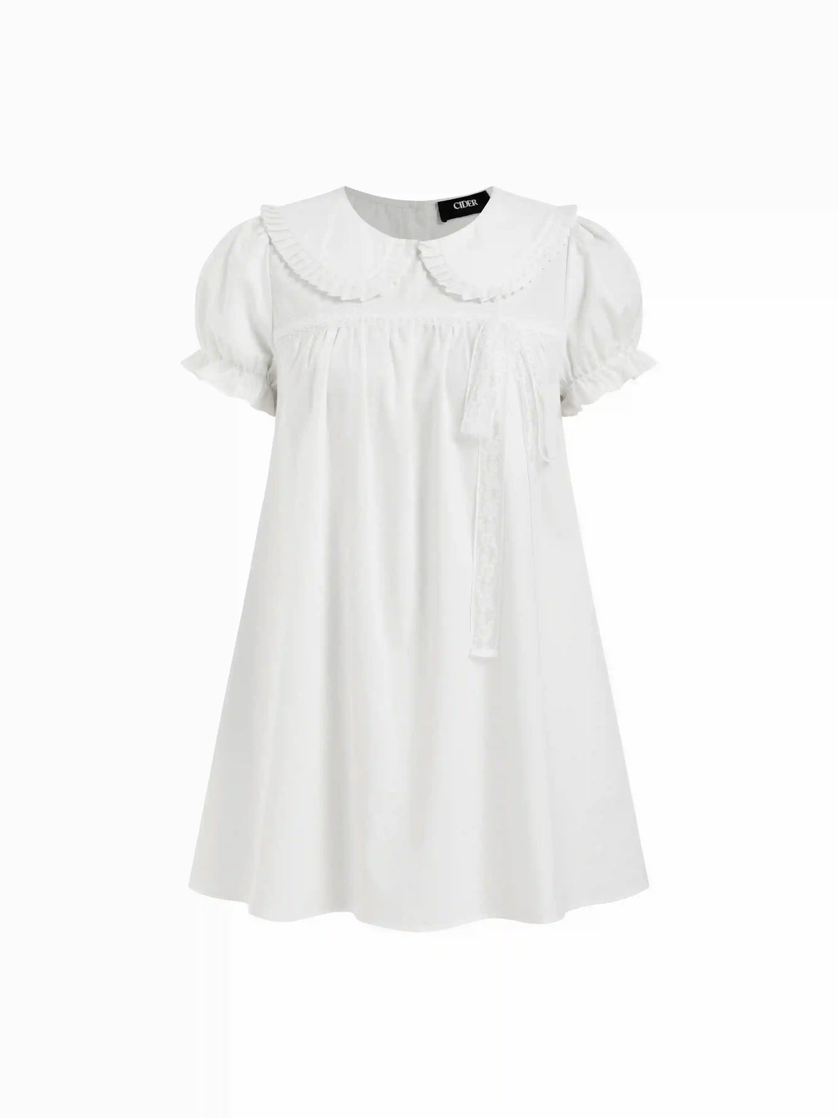 Cotton-blend Peter Pan Collar Puff Sleeve Lace Trim Mini Dress