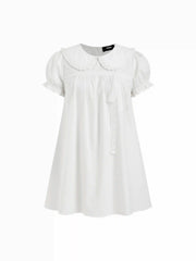 Cotton-blend Peter Pan Collar Puff Sleeve Lace Trim Mini Dress