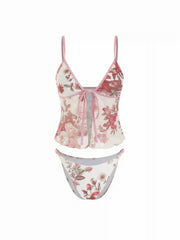 V-neck Floral Tie Front Cami Bikini Set