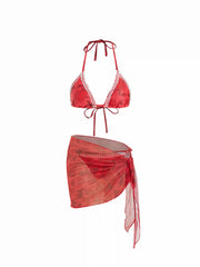 Halter Neckline Floral Geometric Lace Trim Triangle Bikini Set With Sarong