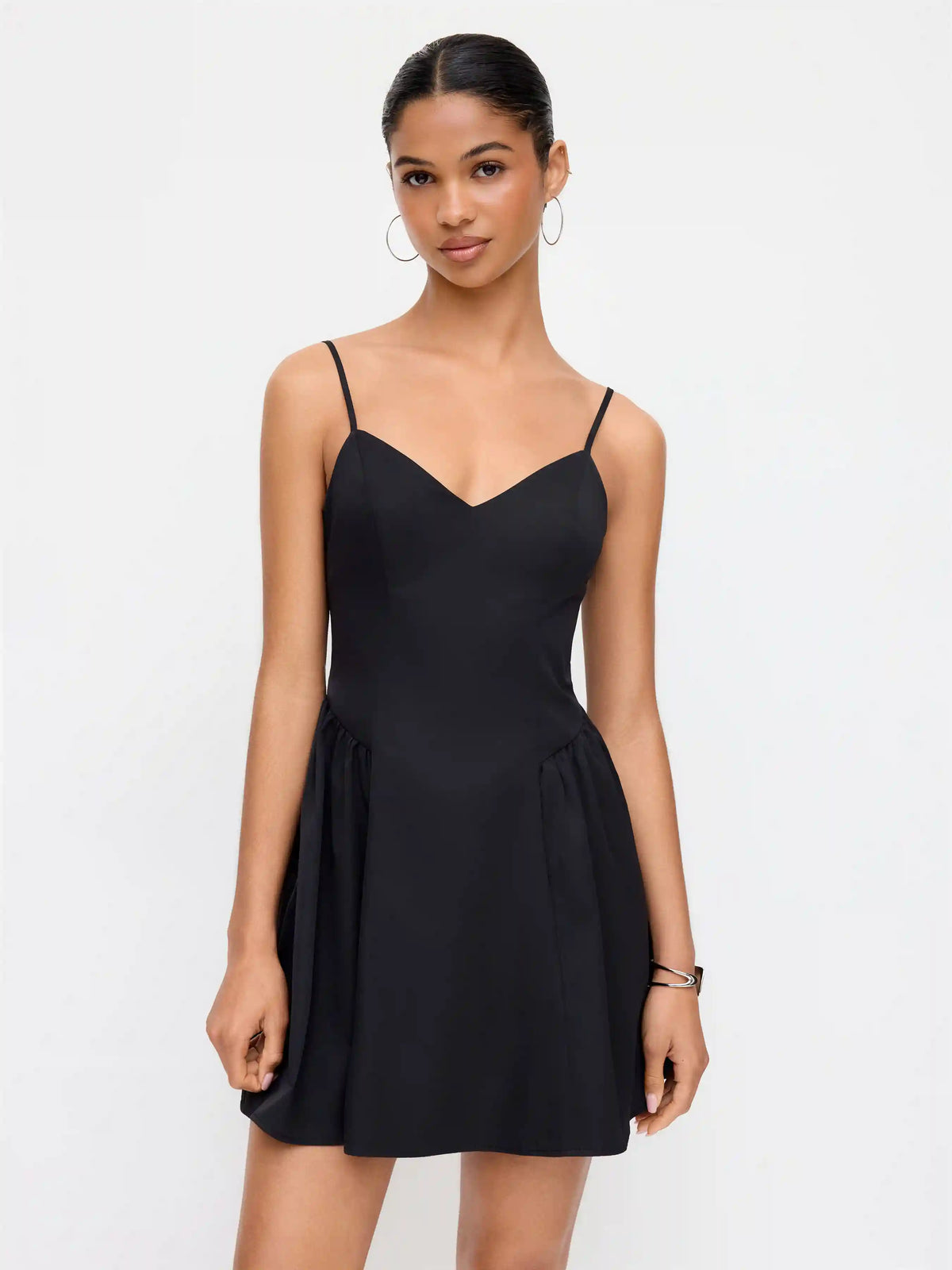 V-neck Ruched Mid Rise Shirred Flared Mini Dress