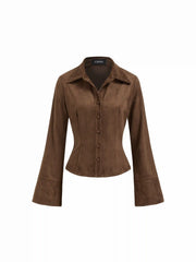 Suede Collar Pleated Bell Sleeve Blouse