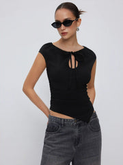 Textured Cut Out Drawstring Ruched Asymmetrical Hem Short Sleeve Top