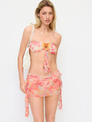 Floral Flower Detail Bandeau Bikini Set With Ruffle Beach Skirt