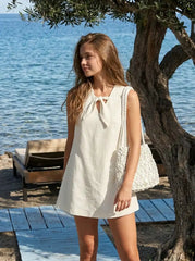 Linen-blend Bowknot Oversized Mini Shift Dress