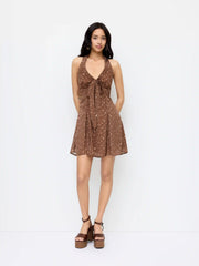 Chiffon Deer Spot Bowknot Halter Neckline Mini Dress