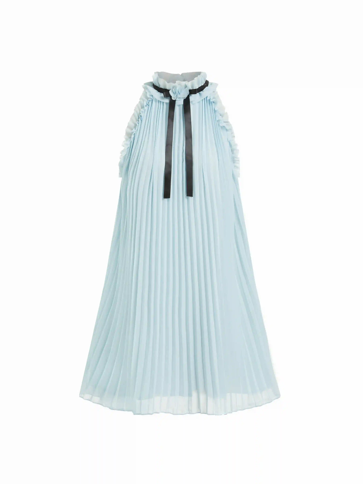 Chiffon Stand Collar Pleated Rosette Bowknot A-line Mini Dress