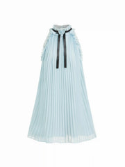 Chiffon Stand Collar Pleated Rosette Bowknot A-line Mini Dress