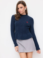 Cable Knit Stand Collar Cherry Embroidery Peplum Sweater