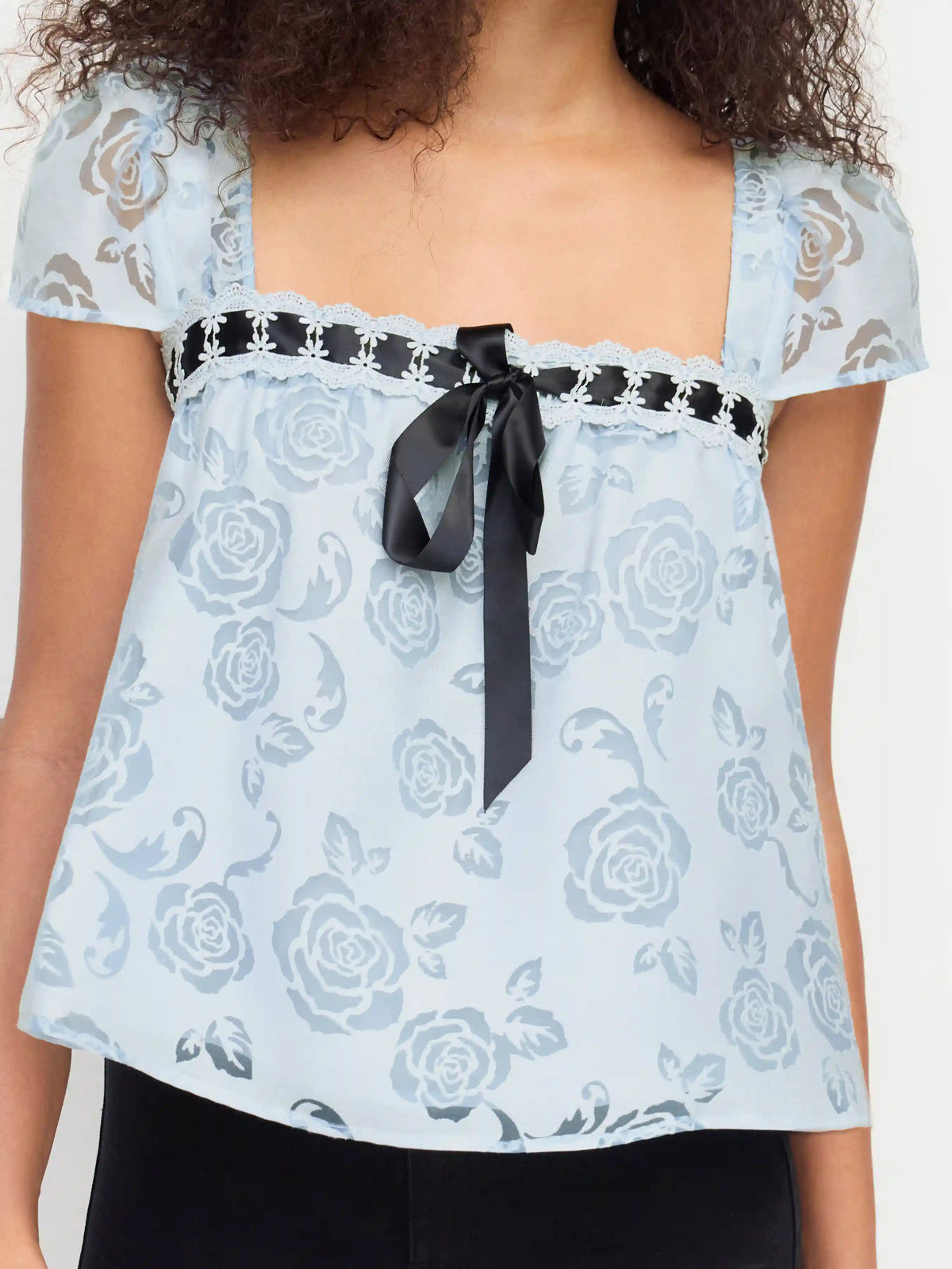 Textured Floral Square Neck Puff Sleeve Bowknot Lace Trim Blouse