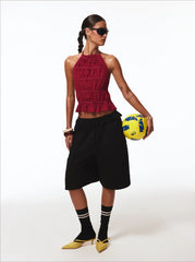 Chiffon Halter Neckline Knotted Ruched Backless Top
