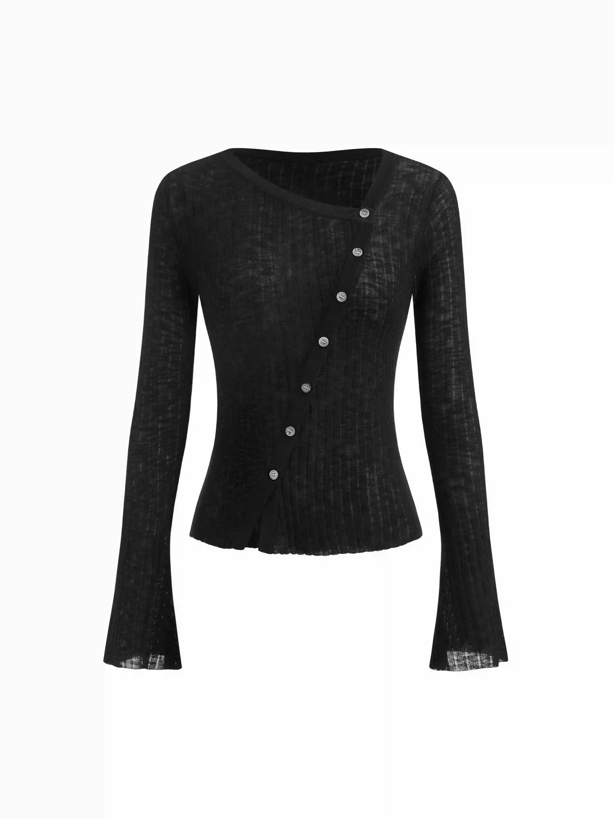 Knit Asymmetrical Neck Button Long Sleeve Top