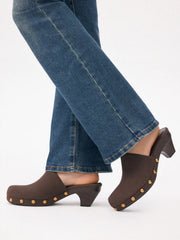 FAUX SUEDE STUDDED MULE HEELS
