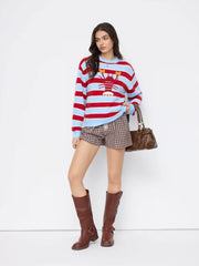 Knit Lobster Pattern Striped Round Neckline Oversized Sweater