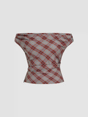Off-shoulder Tartan Ruched Crop Top