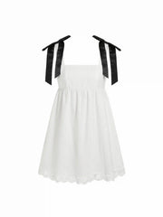 Cotton Square Neck Bowknot Lace Trim A-line Mini Dress