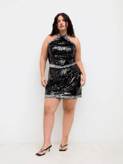 Sequin Mid Rise Contrasting Hem Mini Skirt Curve & Plus